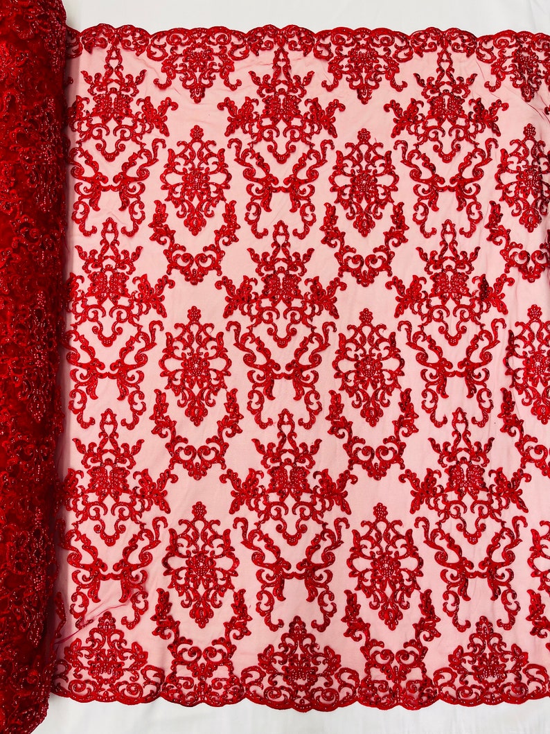 Red Damask embroider with sequins and heavy beaded on a mesh lace fabric-sold by the yard