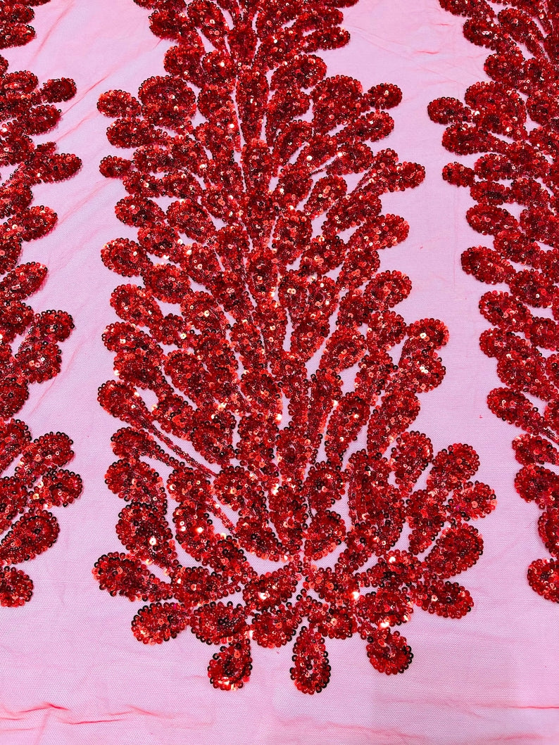 Red Vegas heavy beaded and sequins feather design embroidery on a mesh fabric-Sold by the 1 Feather Panel W-12Inc x L-48Inc.