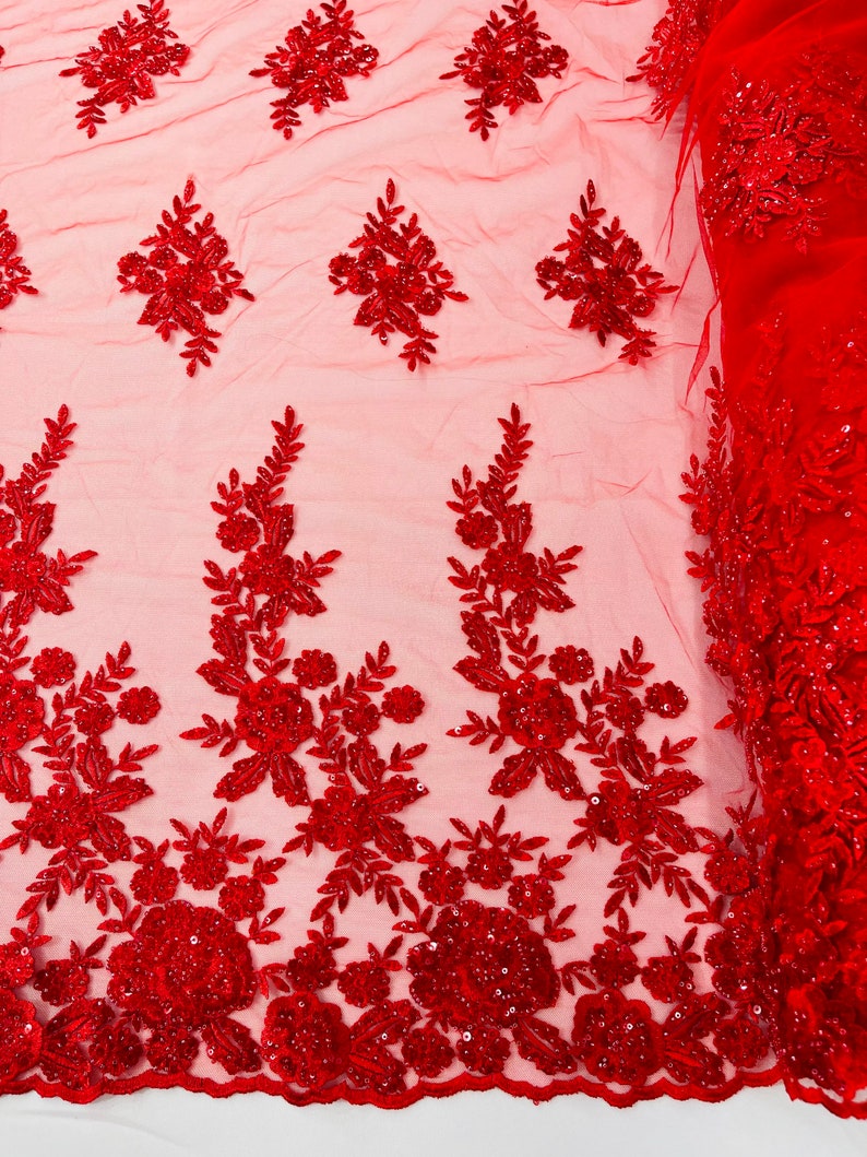 Red Floral design embroider and beaded on a mesh lace fabric-Wedding/Bridal/Prom/Nightgown fabric