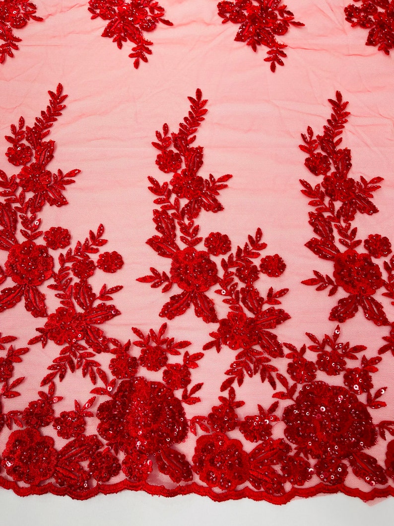 Red Floral design embroider and beaded on a mesh lace fabric-Wedding/Bridal/Prom/Nightgown fabric