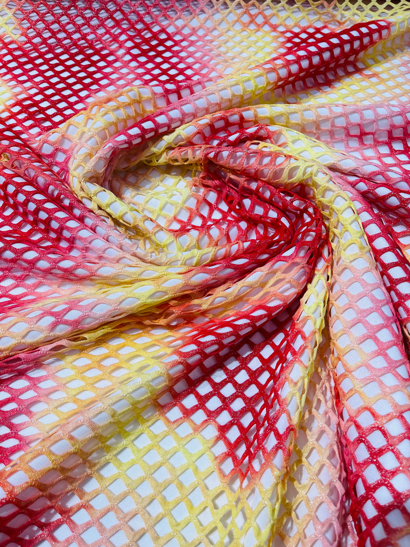 Red/Yellow Fishnet diamond mesh tie dye with silver glitter 4way stretch 58"Wide/ByTheYard.