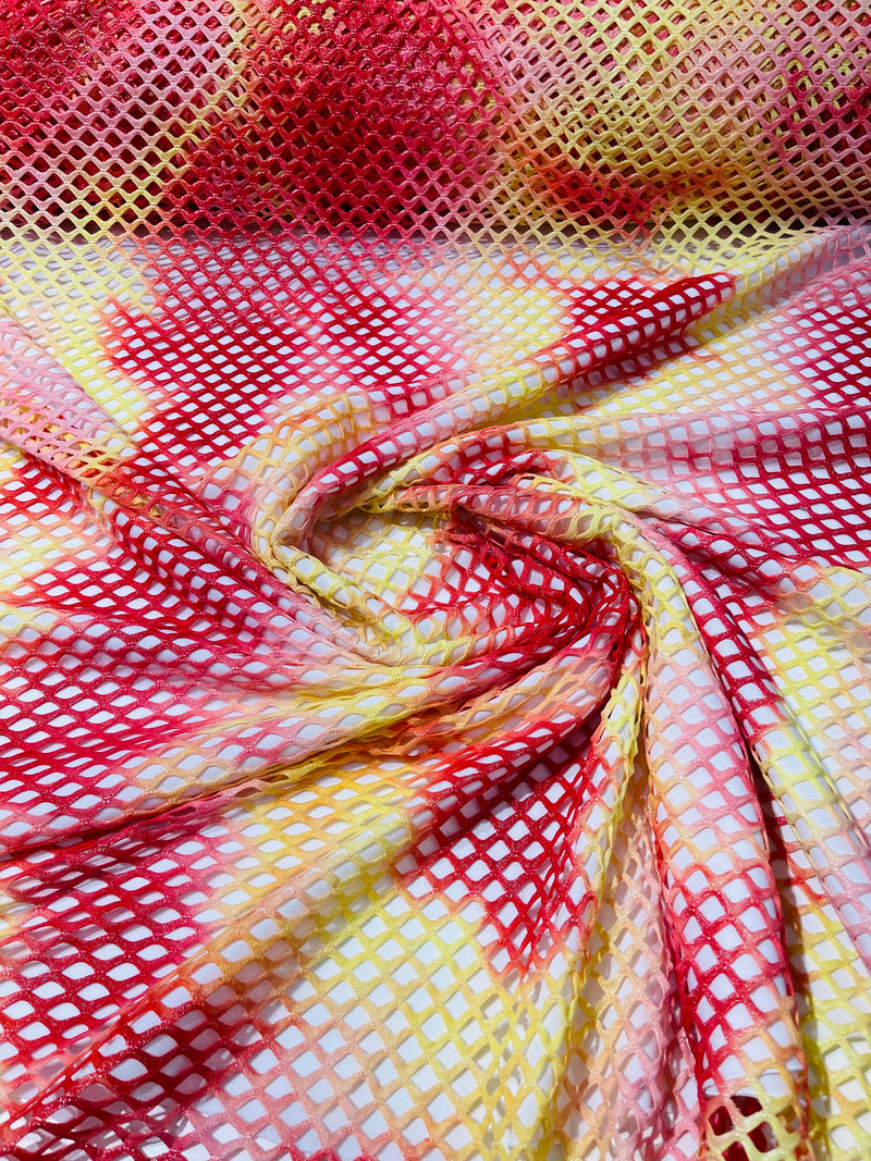 Red/Yellow Fishnet diamond mesh tie dye with silver glitter 4way stretch 58"Wide/ByTheYard.