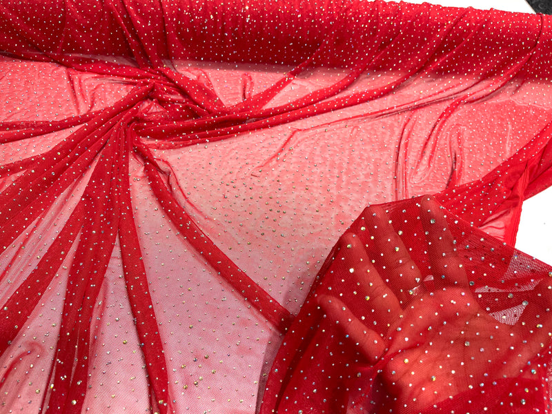 Red Sheer All Over AB Rhinestones On Stretch Power Mesh Fabric, Dancewear- Sold By The Yard.