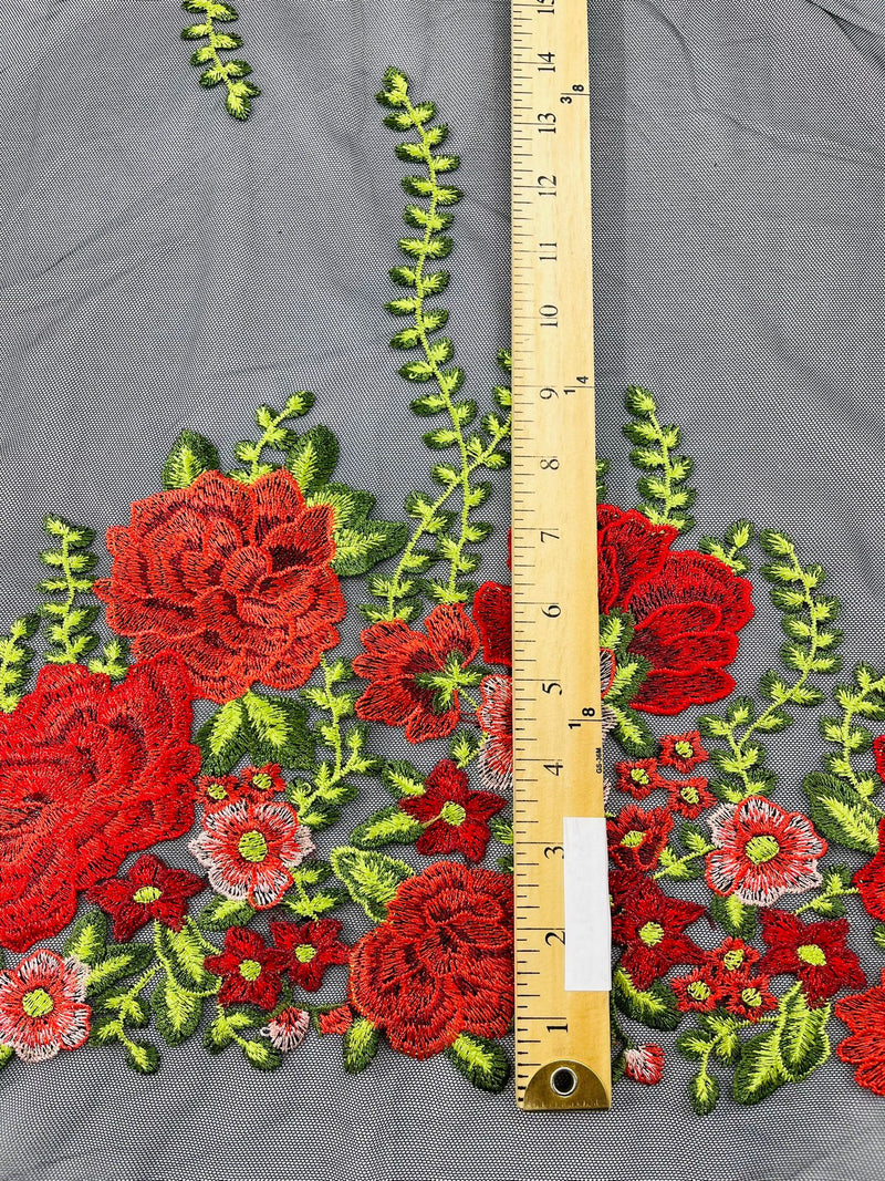 Roses Multi Color Floral Design Embroider On Mesh Lace (by the yard)