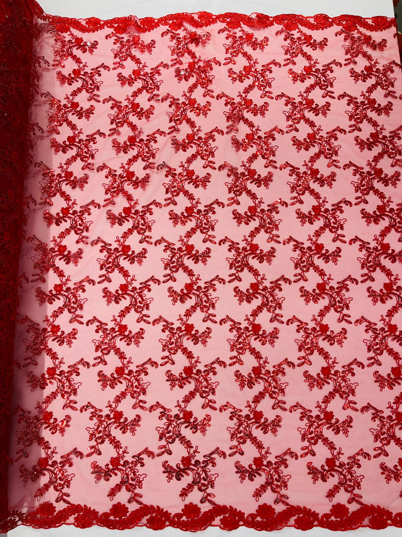 Red Flower lace corded and embroider with sequins on a mesh-Sold by the yard.