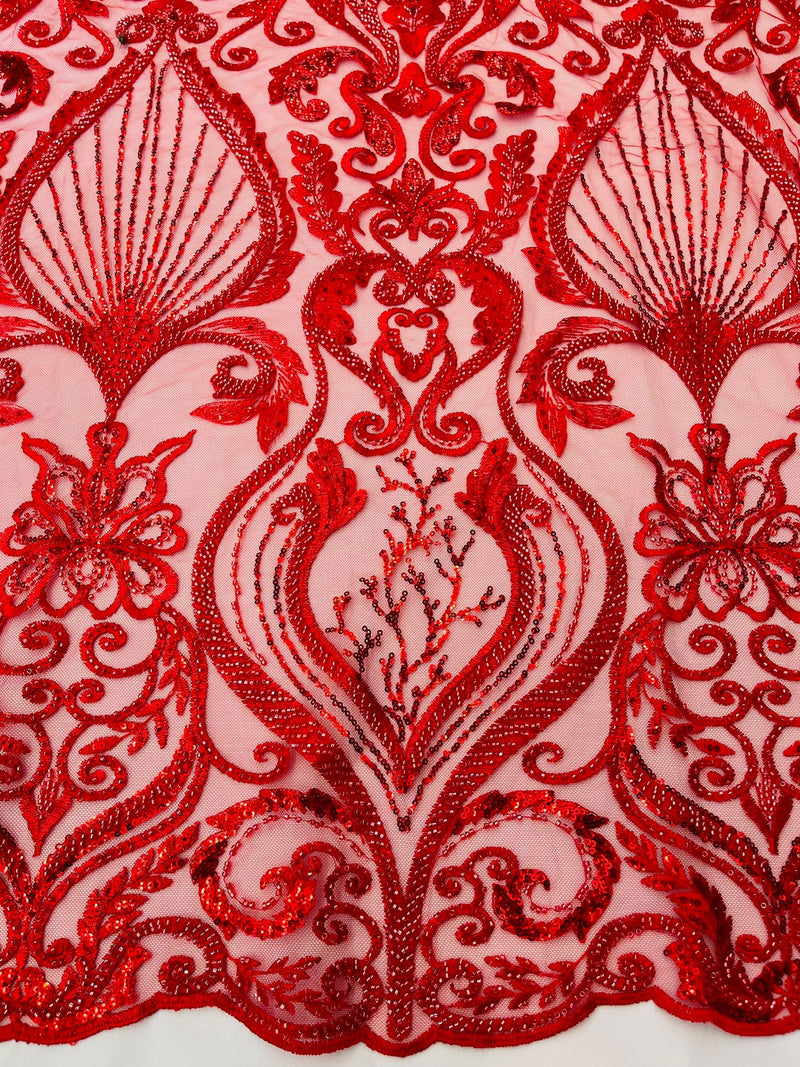 Red Floral damask embroider and heavy beaded on a mesh lace fabric/wedding/Costplay