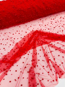 Heavy Scattered Pearls Studded Mesh, 2-Way Stretch, sold by the yard.