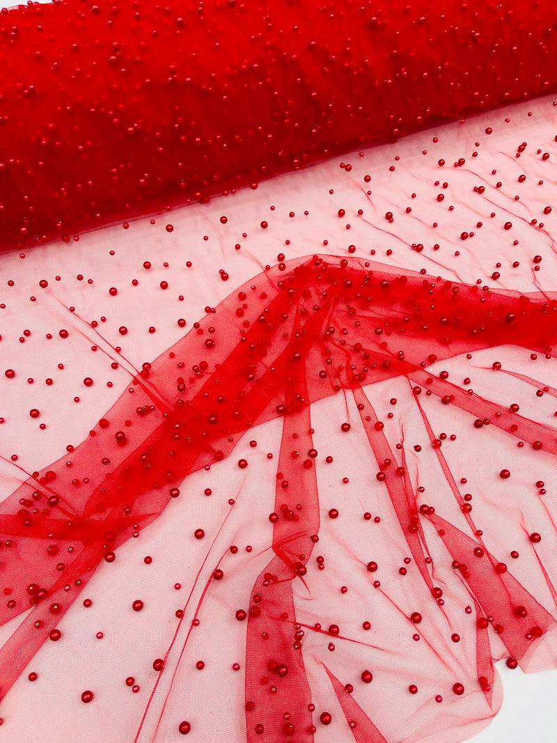 Heavy Scattered Pearls Studded Mesh, 2-Way Stretch, sold by the yard.