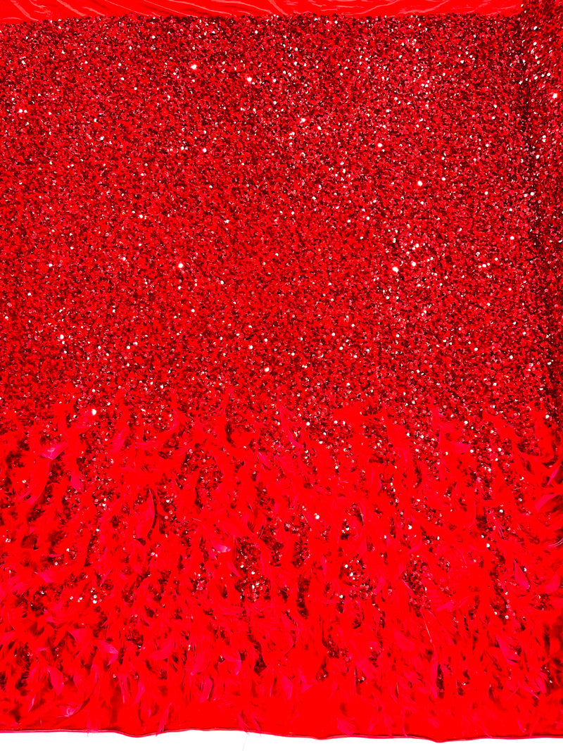 Red 5mm sequins on a stretch velvet with feathers 2-way stretch, sold by the yard