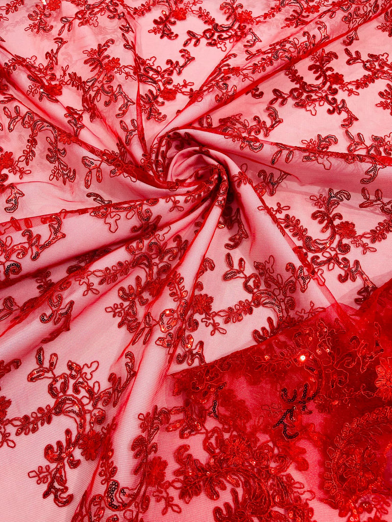 Red Flower lace corded and embroider with sequins on a mesh-Sold by the yard.