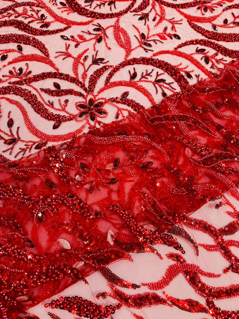 Red Vine Design Embroider And Heavy Beading/Sequins On A Mesh Lace Fabric/Wedding Lace/Costplay.