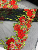 Roses Multi Color Floral Design Embroider On Mesh Lace Fabric (by the yard)