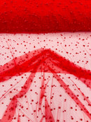 Heavy Scattered Pearls Studded Mesh, 2-Way Stretch, sold by the yard.