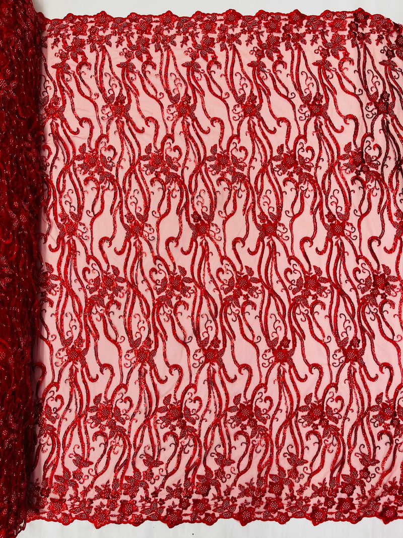 Red Vine Floral Beaded Lace/Sequin Embroider Lace Fabric - Sold By the Yard.