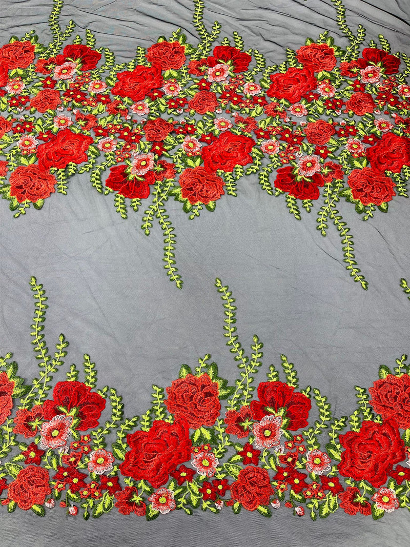 Roses Multi Color Floral Design Embroider On Mesh Lace (by the yard)