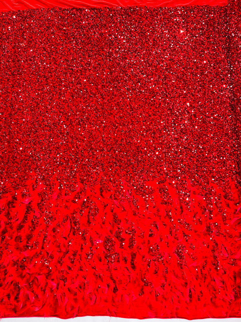 Red 5mm sequins on a stretch velvet with feathers 2-way stretch, sold by the yard