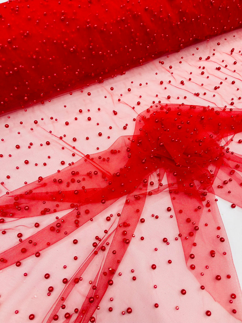 Heavy Scattered Pearls Studded Mesh, 2-Way Stretch, sold by the yard.