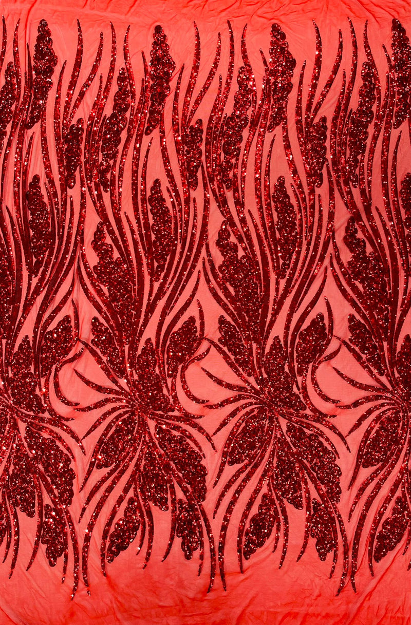 Feather damask shiny sequin design on a 4 way stretch mesh Fabric-sold by The yard.