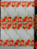 Roses Multi Color Floral Design Embroider On Mesh Lace Fabric (by the yard)