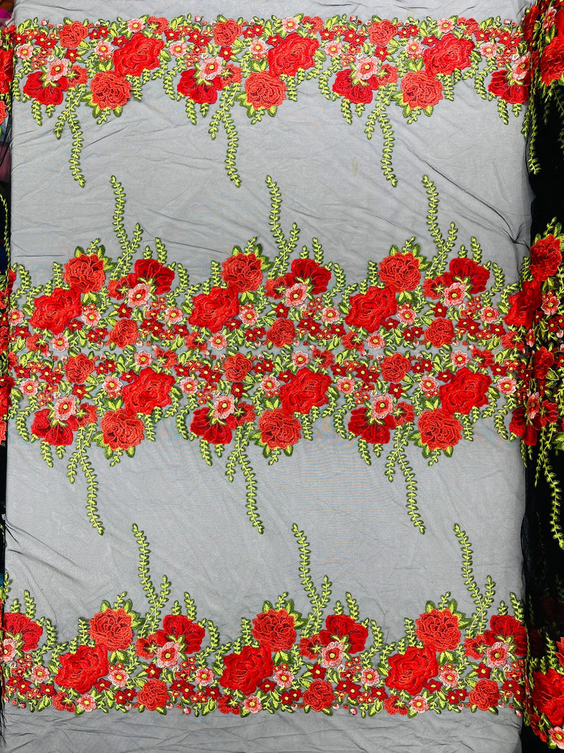 Roses Multi Color Floral Design Embroider On Mesh Lace (by the yard)