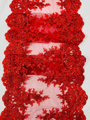 14"Wide Sequins Metallic Embroidered Lace on Mesh Fabric, Trim Lace, Table Runner. Sold By The Yard.