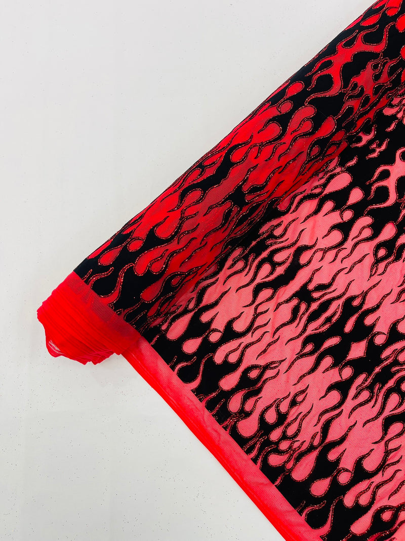 Power Mesh with Black Flocking Flames and Red Glitter Fabric-60” Wide-Hot Rod.