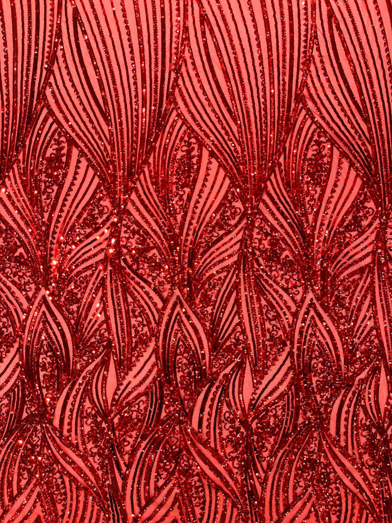 Geometric Feather wing shiny sequin design on a 4 way stretch mesh Fabric-old by the yard.