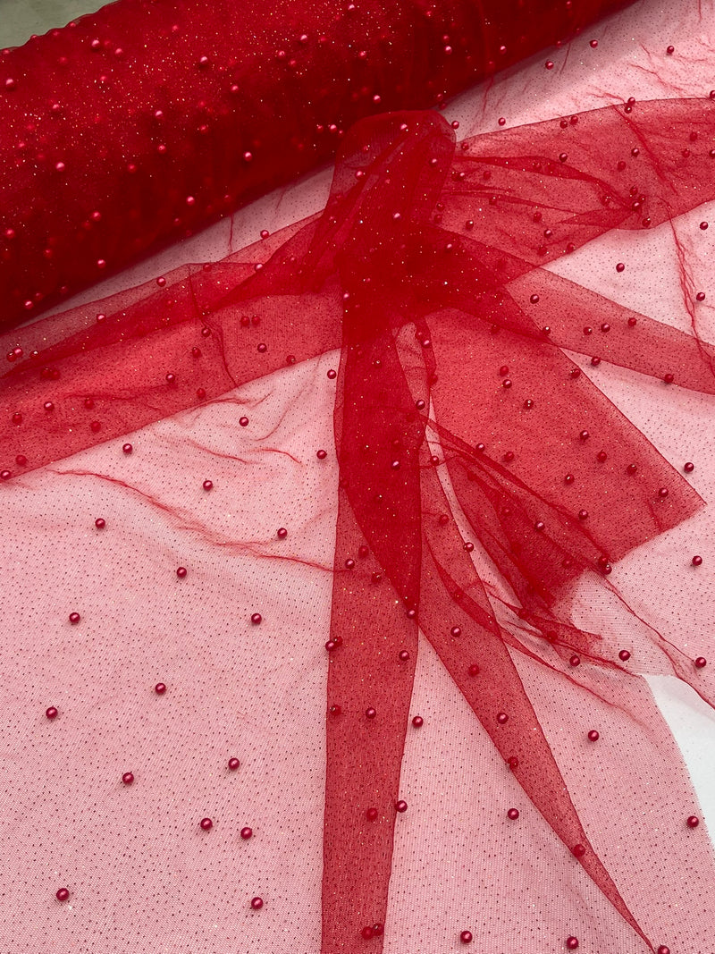 Pearl Glitter Studded Mesh, 2-Way Stretch Shimmer Mesh Fabric, Sold by the yard.