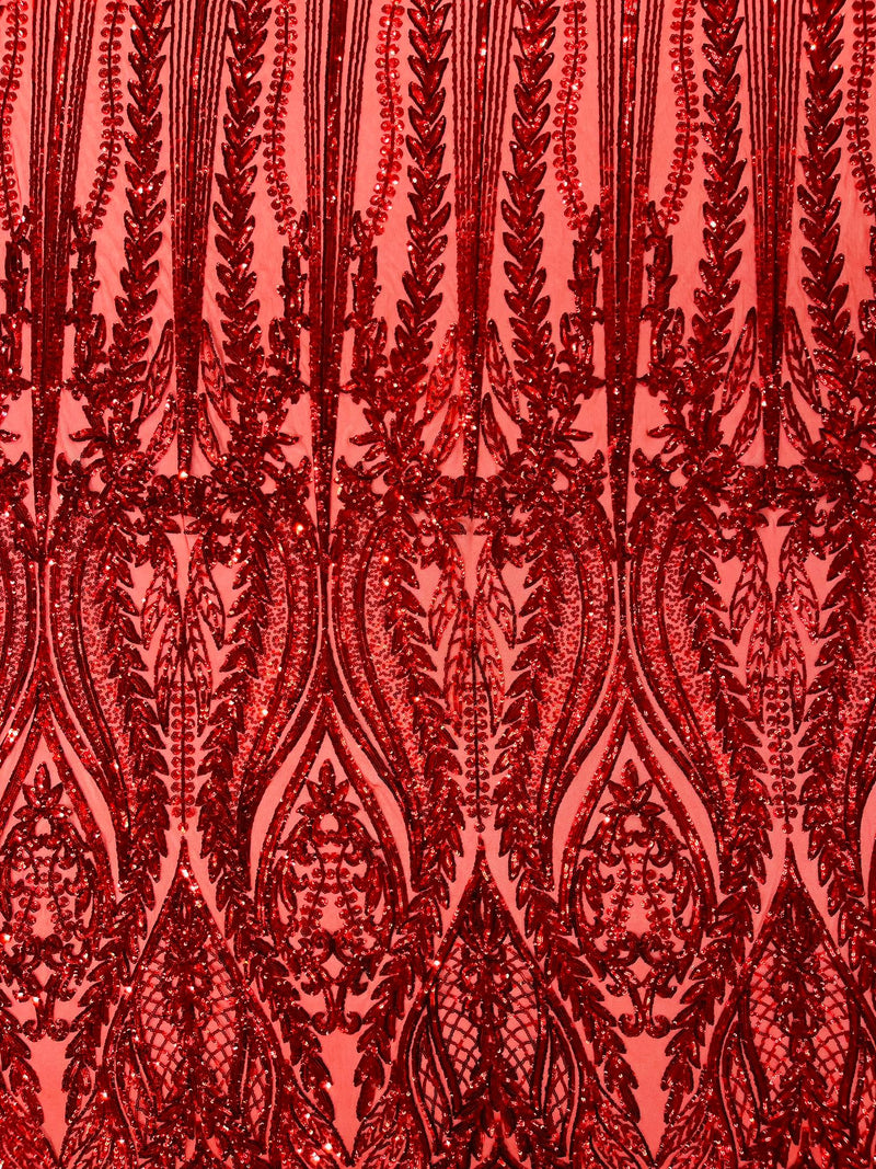 Damask design with sequins embroider on a 4 way stretch mesh fabric.