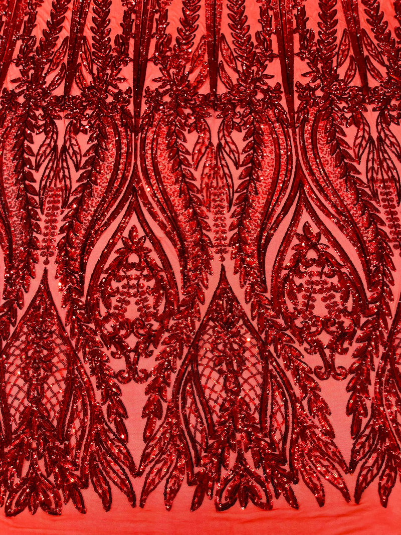 Damask design with sequins embroider on a 4 way stretch mesh fabric.