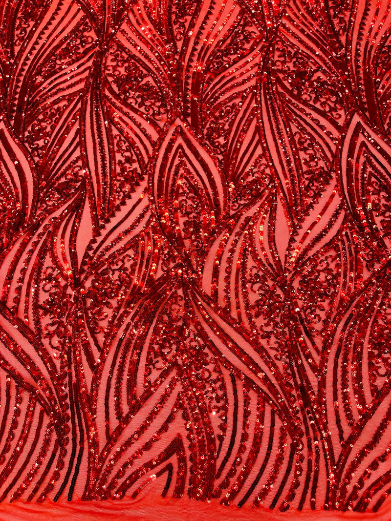 Geometric Feather wing shiny sequin design on a 4 way stretch mesh Fabric-old by the yard.