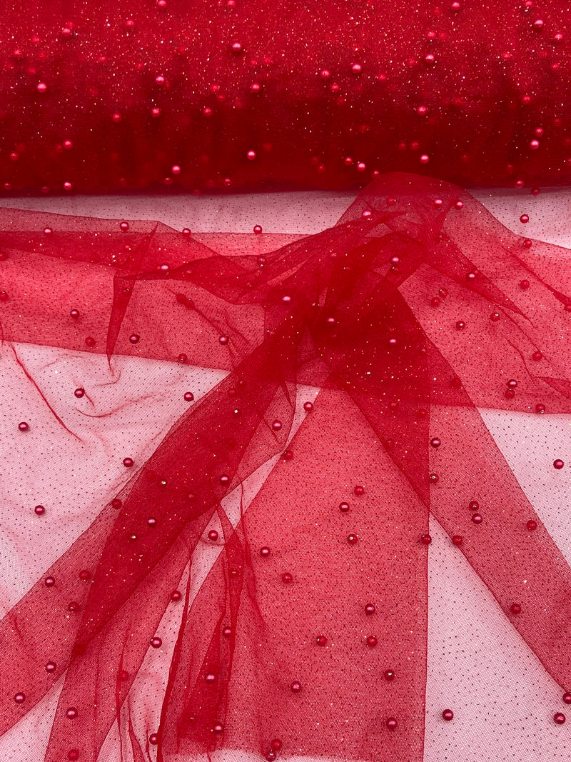 Pearl Glitter Studded Mesh, 2-Way Stretch Shimmer Mesh Fabric, Sold by the yard.
