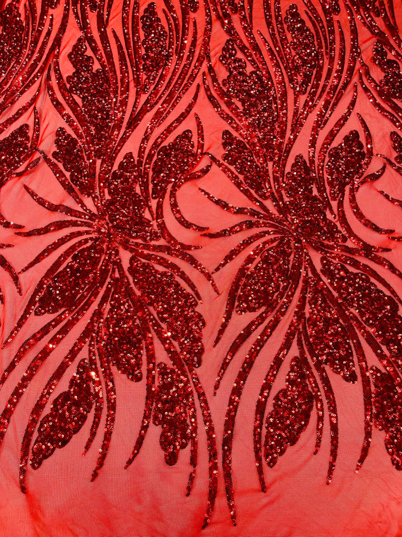 Feather damask shiny sequin design on a 4 way stretch mesh Fabric-sold by The yard.