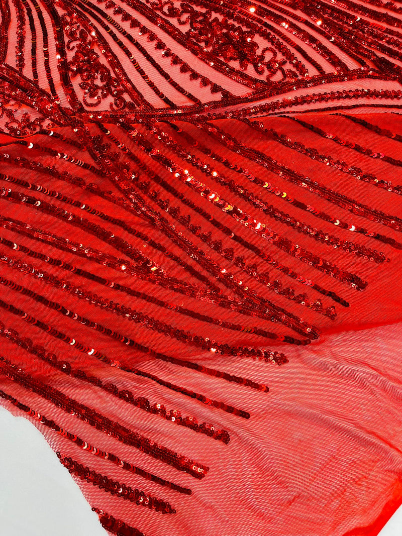 Geometric Feather wing shiny sequin design on a 4 way stretch mesh Fabric-old by the yard.