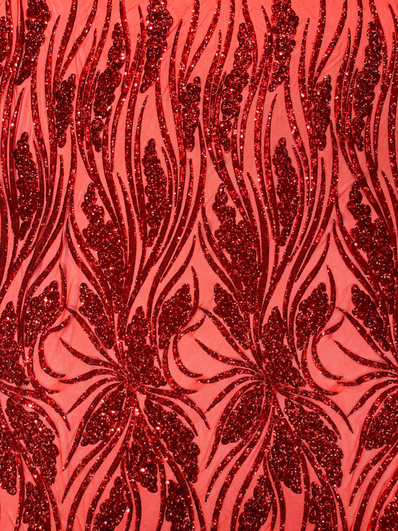 Feather damask shiny sequin design on a 4 way stretch mesh Fabric-sold by The yard.