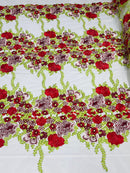 Roses Multi Color Floral Design Embroider On Mesh Lace Fabric (by the yard)