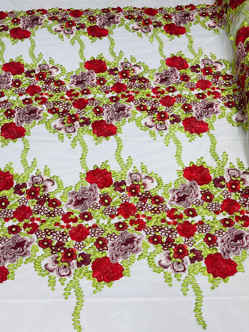 Roses Multi Color Floral Design Embroider On Mesh Lace (by the yard)