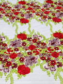 Roses Multi Color Floral Design Embroider On Mesh Lace Fabric (by the yard)