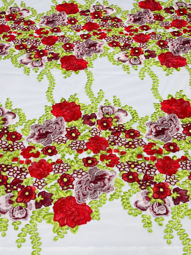 Roses Multi Color Floral Design Embroider On Mesh Lace (by the yard)