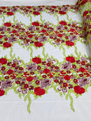 Roses Multi Color Floral Design Embroider On Mesh Lace Fabric (by the yard)