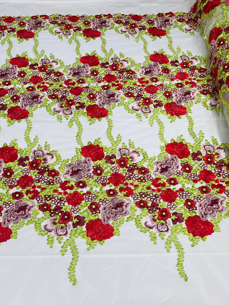 Roses Multi Color Floral Design Embroider On Mesh Lace (by the yard)