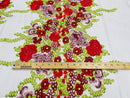 Roses Multi Color Floral Design Embroider On Mesh Lace Fabric (by the yard)