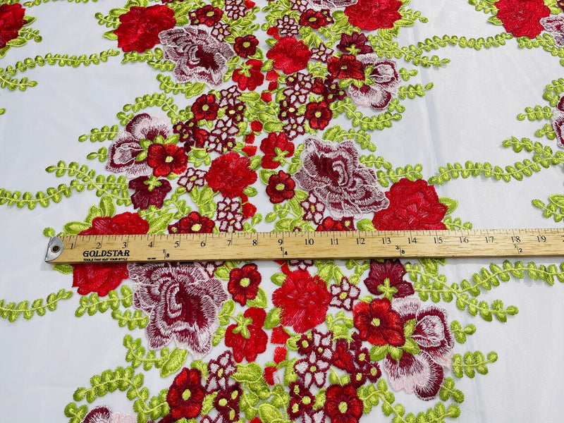 Roses Multi Color Floral Design Embroider On Mesh Lace (by the yard)