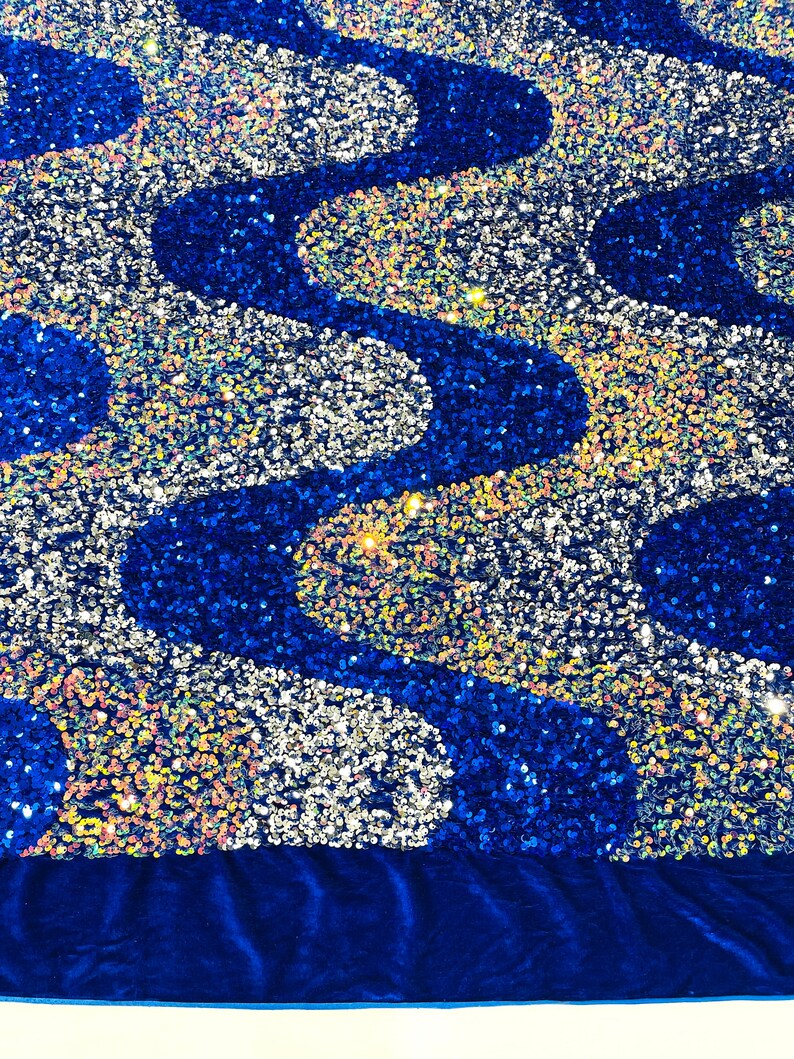 Royal Blue/Clear/Silver Iridescent Sequin Wave Design stretch Velvet All Over Sequin.