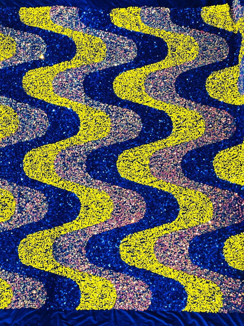Royal/Yellow/Clear Iridescent Sequin Wave Design stretch Velvet All Over Sequin.