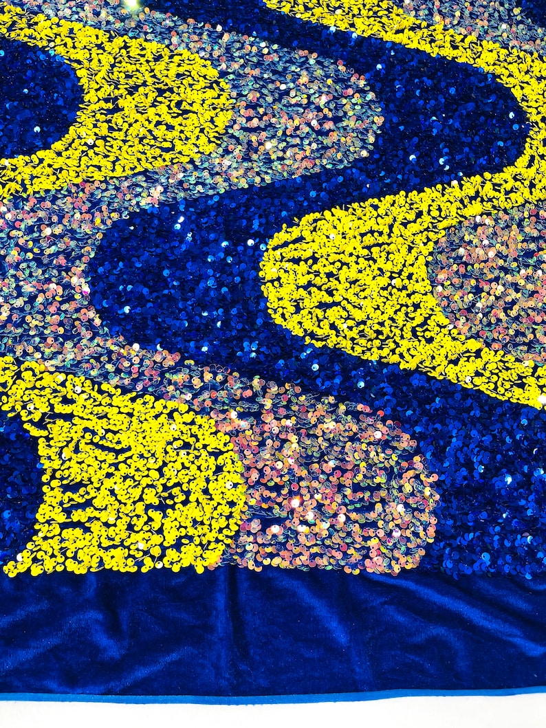 Royal/Yellow/Clear Iridescent Sequin Wave Design stretch Velvet All Over Sequin.