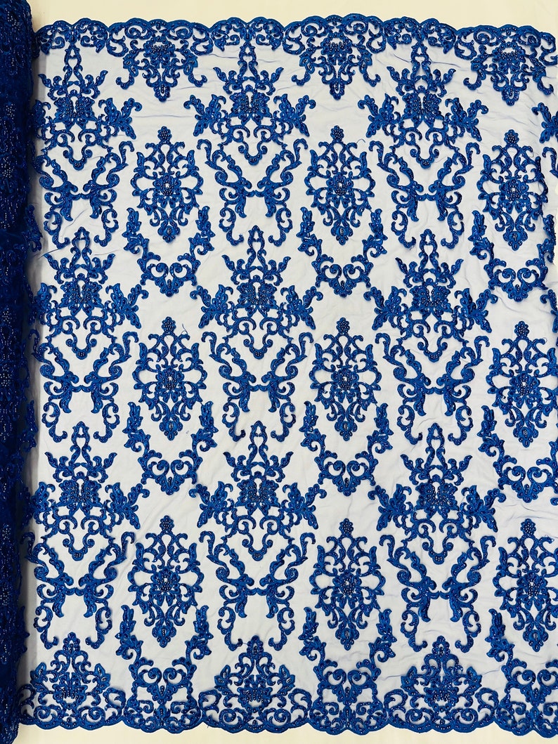 Royal Blue Damask embroider with sequins and heavy beaded on a mesh lace fabric-sold by the yard