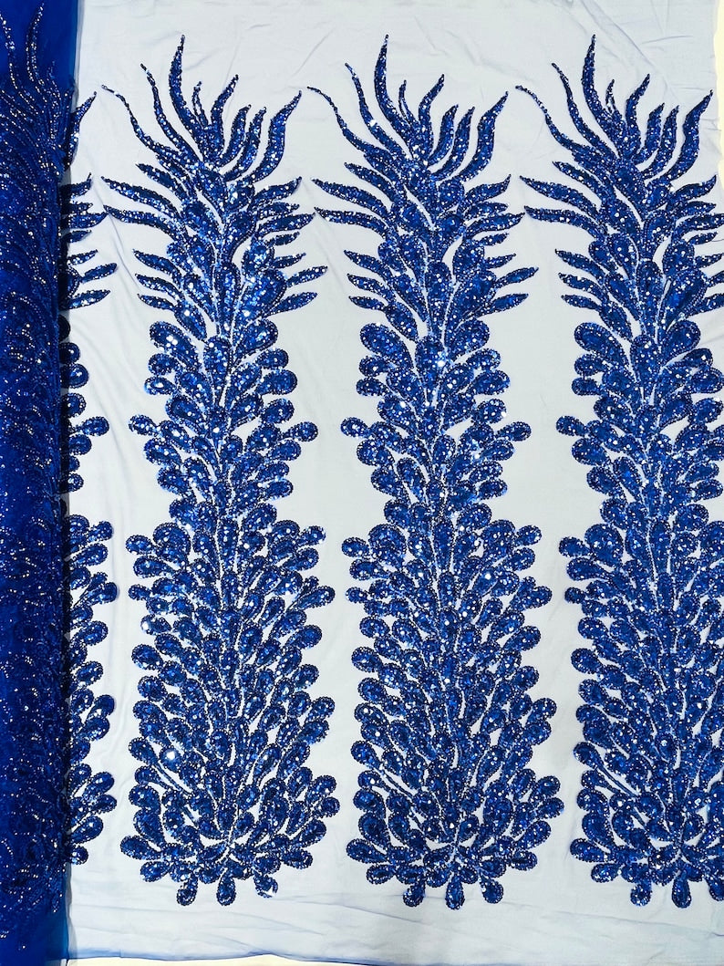 Royal Blue Vegas heavy beaded and sequins feather design embroidery on a mesh fabric-Sold by the 1 Feather Panel W-12Inc x L-48Inc.