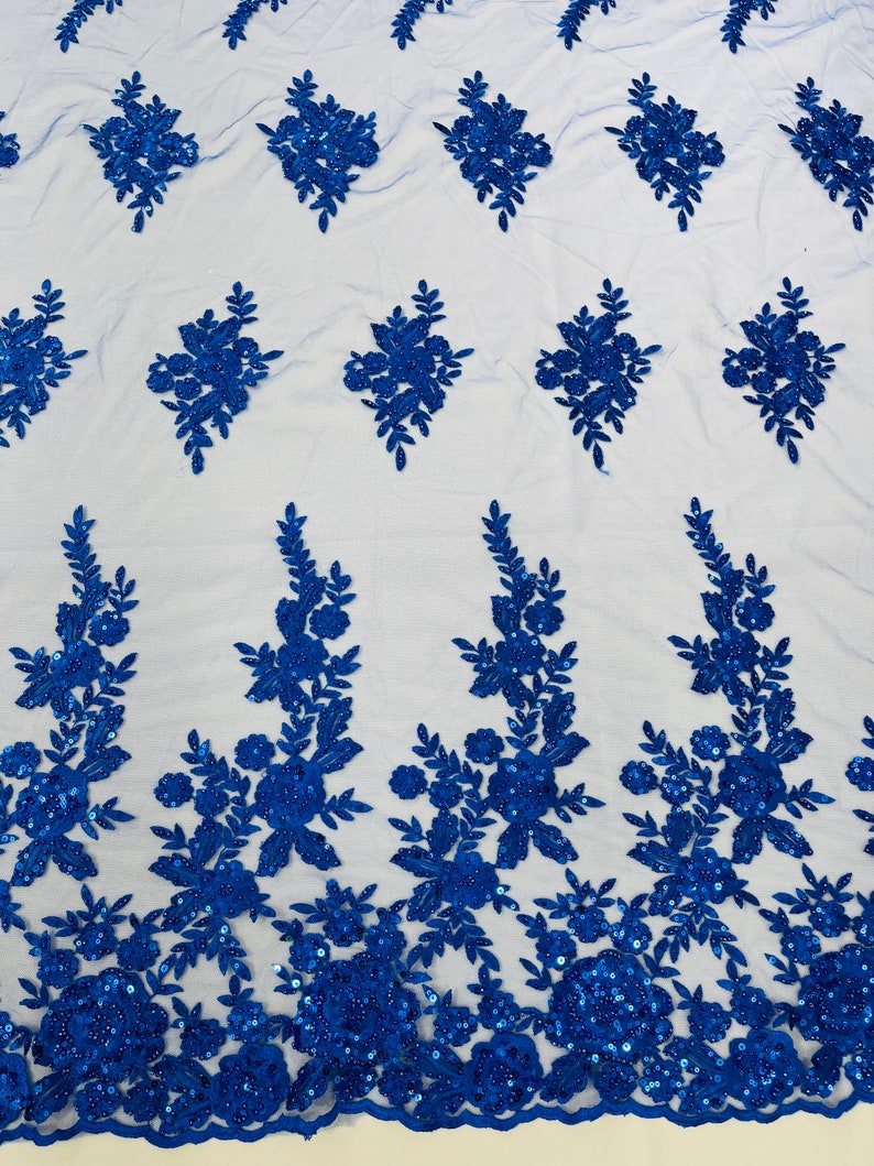 Royal Blue Floral design embroider and beaded on a mesh lace fabric-Wedding/Bridal/Prom/Nightgown fabric