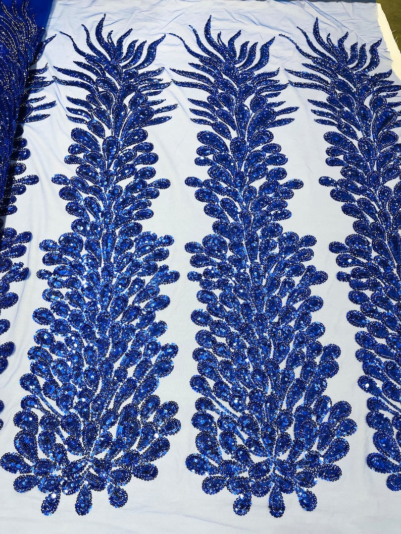 Royal Blue Vegas heavy beaded and sequins feather design embroidery on a mesh fabric-Sold by the 1 Feather Panel W-12Inc x L-48Inc.